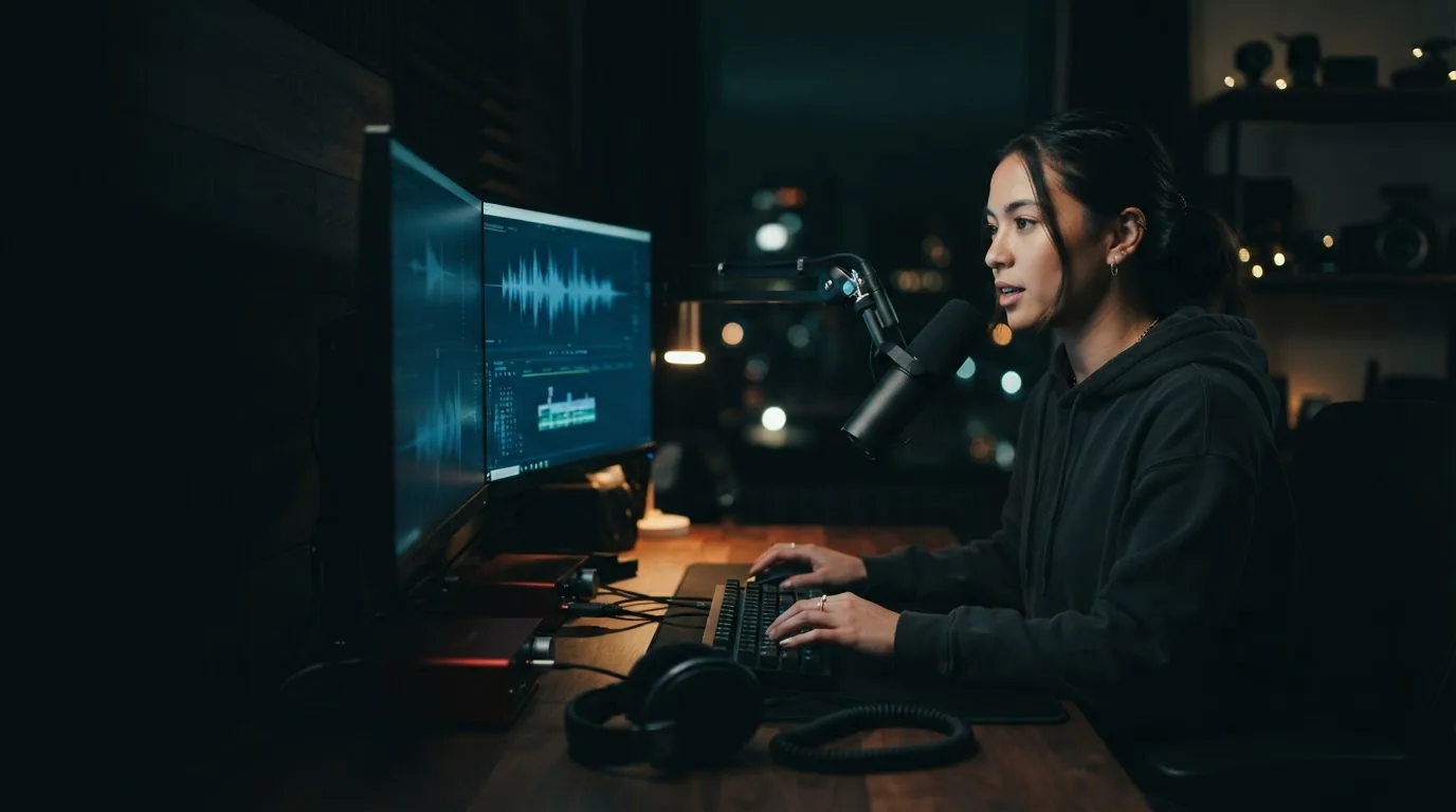 Creator recording a video at a home studio desk