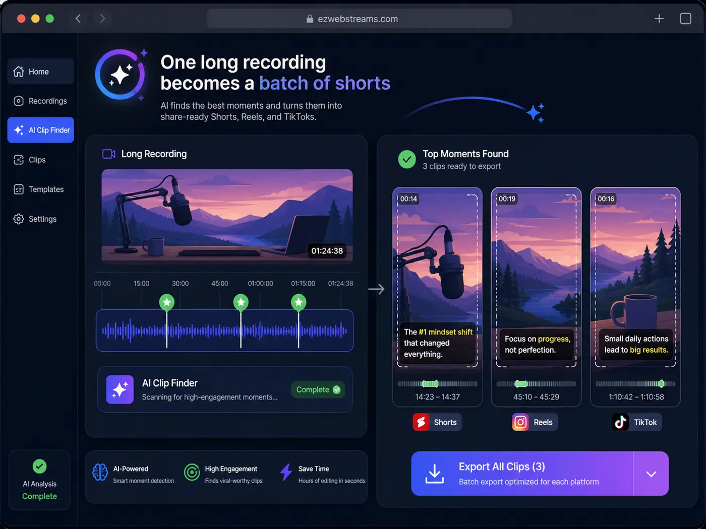 AI Clip Finder listing detected moments as vertical clips