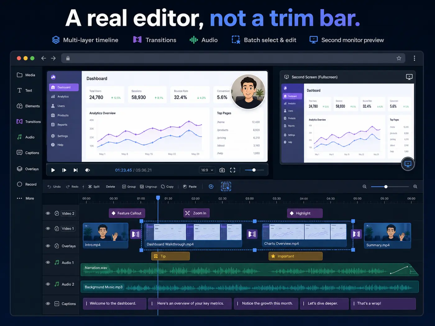 Multi-layer timeline editor with waveforms and preview window